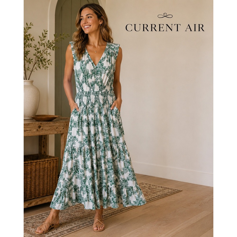 Current Air Green White Floral Toile Smocked Maxi Dress Sleeveless Tiered Large